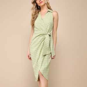 NWT Lulus Complete Poise Green Textured Collared Tie-front Wrap Midi Dress -Sz L